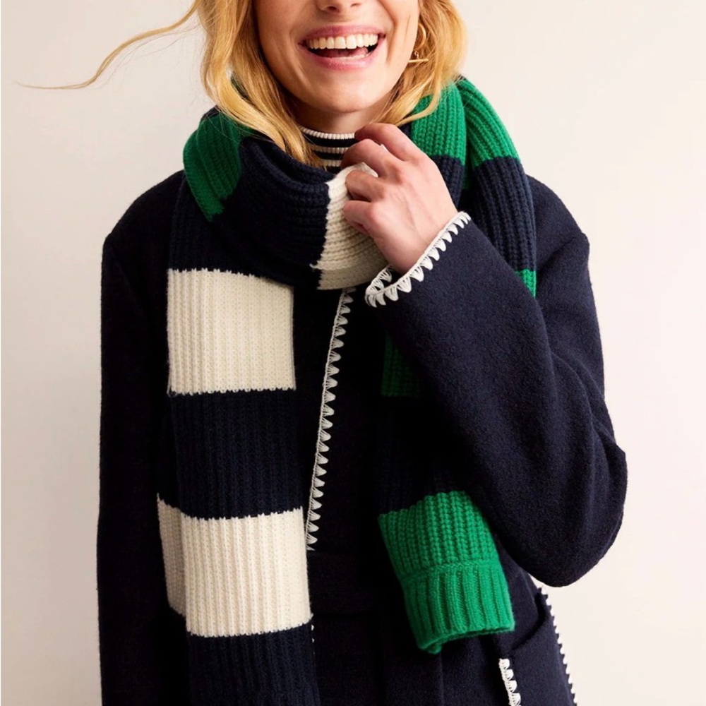 Boden Green and White Striped Scarf